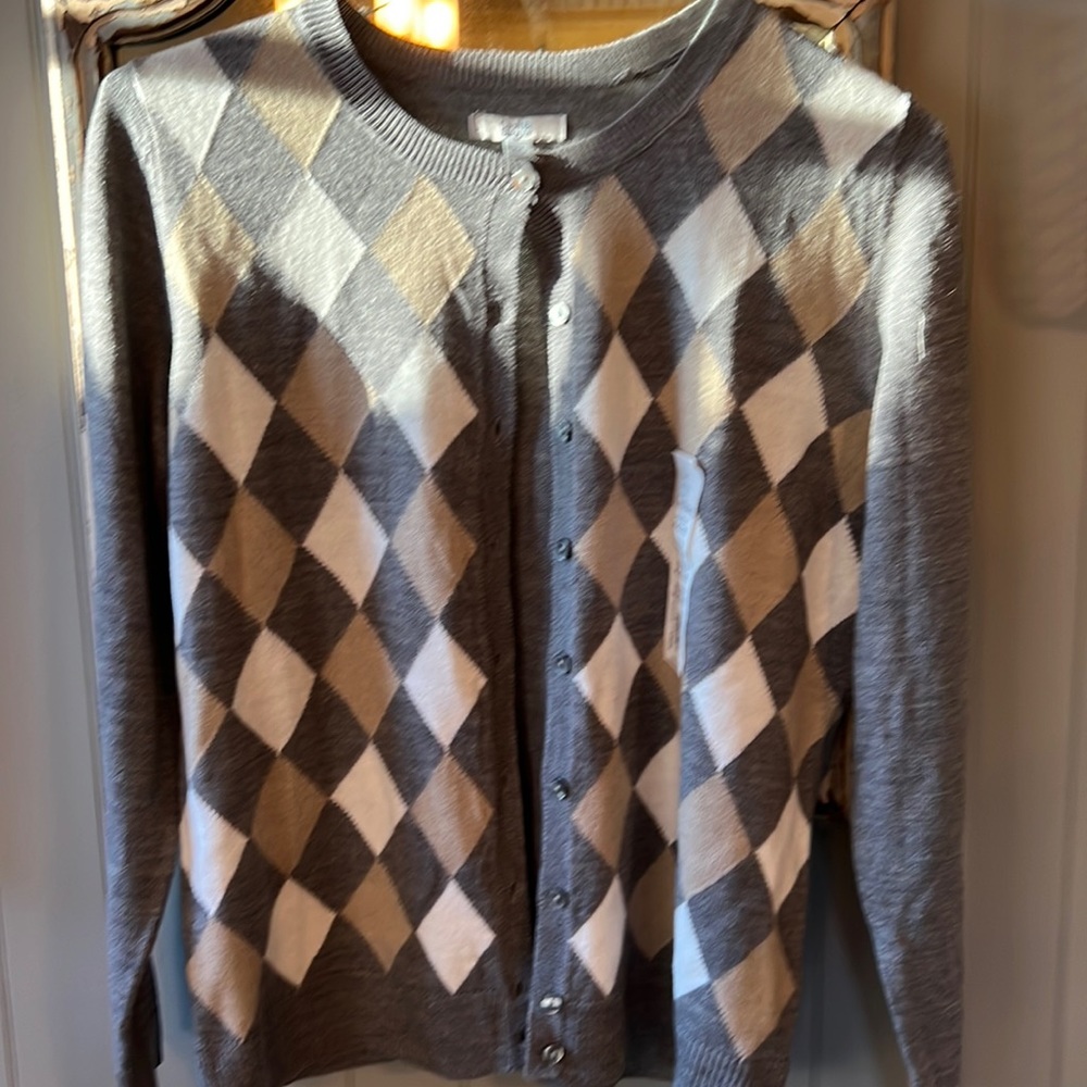 Argyle cardigan khaki and grey. Petite medium new with tags